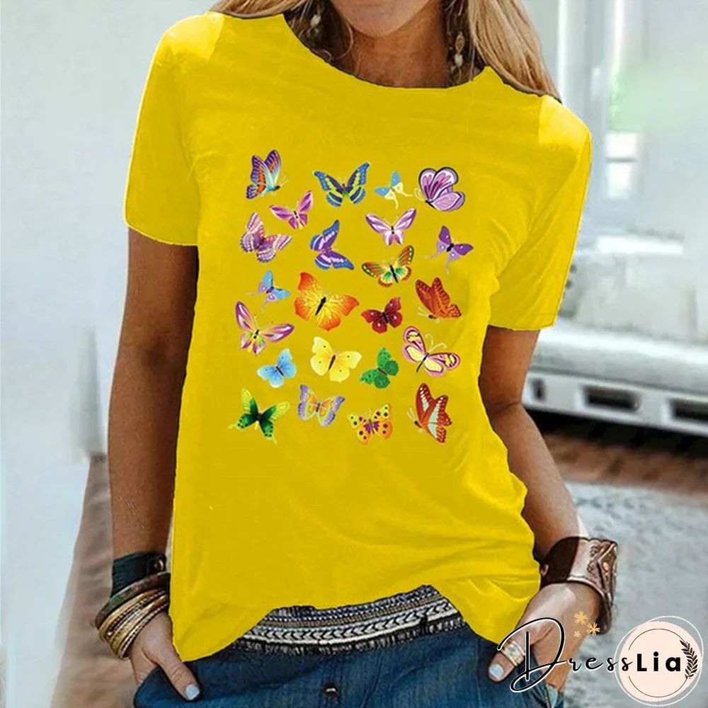 Colorful Butterfly Printed Female T Shirt Summer Fashion Short Sleeve Women T Shirts Round Neck Top Tees