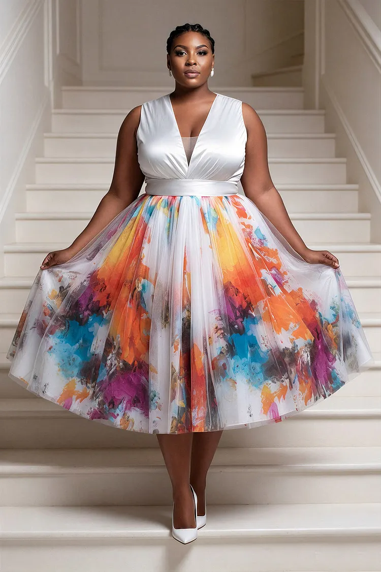 Xpluswear Design Plus Size Party Tulle White Graphic V Neck Contrast Satin Midi Dresses [Pre-Order] 2024 - Xpluswear