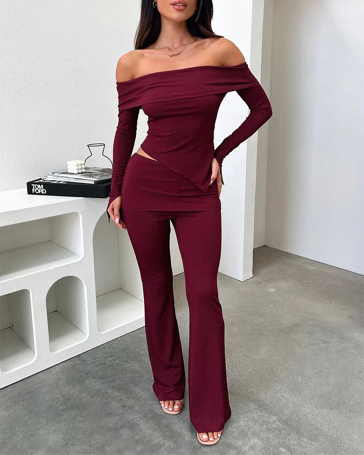 Fashionable one shoulder long sleeve two piece set