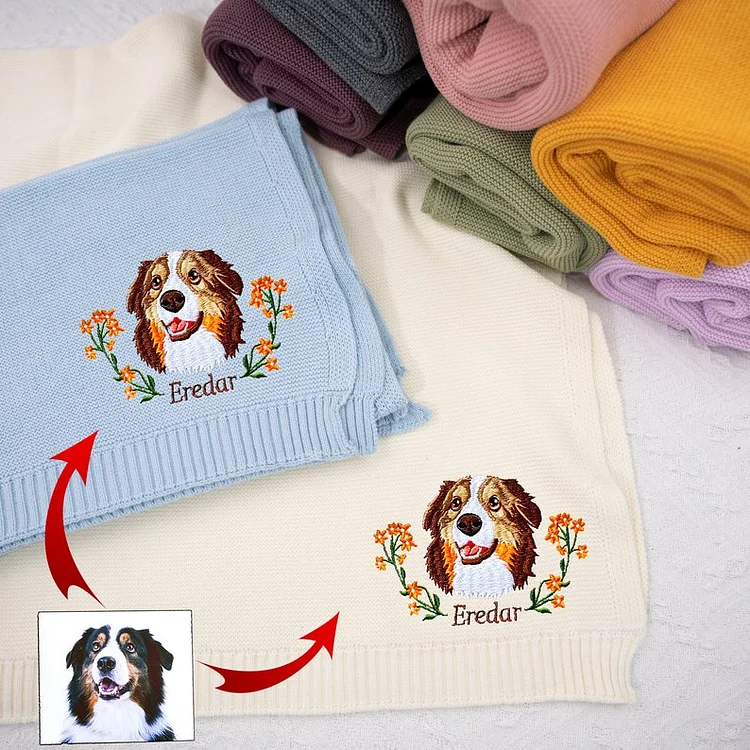 Embroidered Baby Pet Portrait Knit Blanket, Custom Dog Photo For Baby Blanket