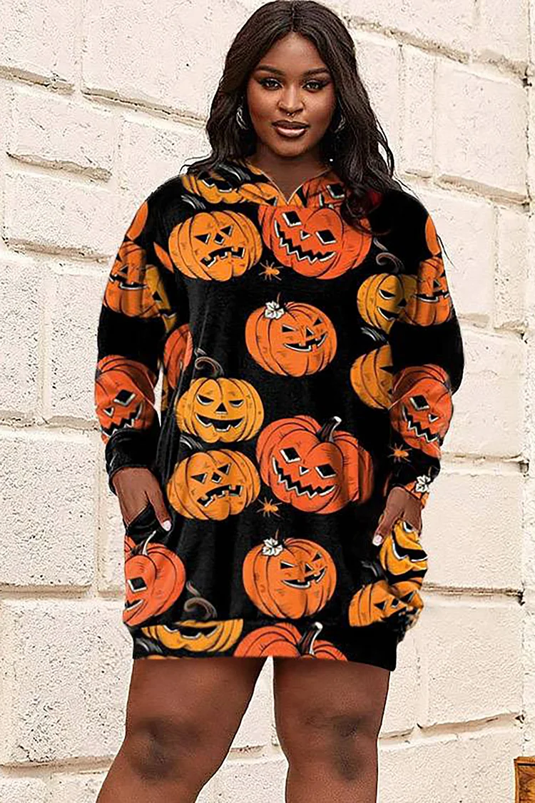 Xpluswear Design Plus Size Halloween Costume Orange Pumpkin Print Hooded Sweatshirt Mini Dress With Pocket