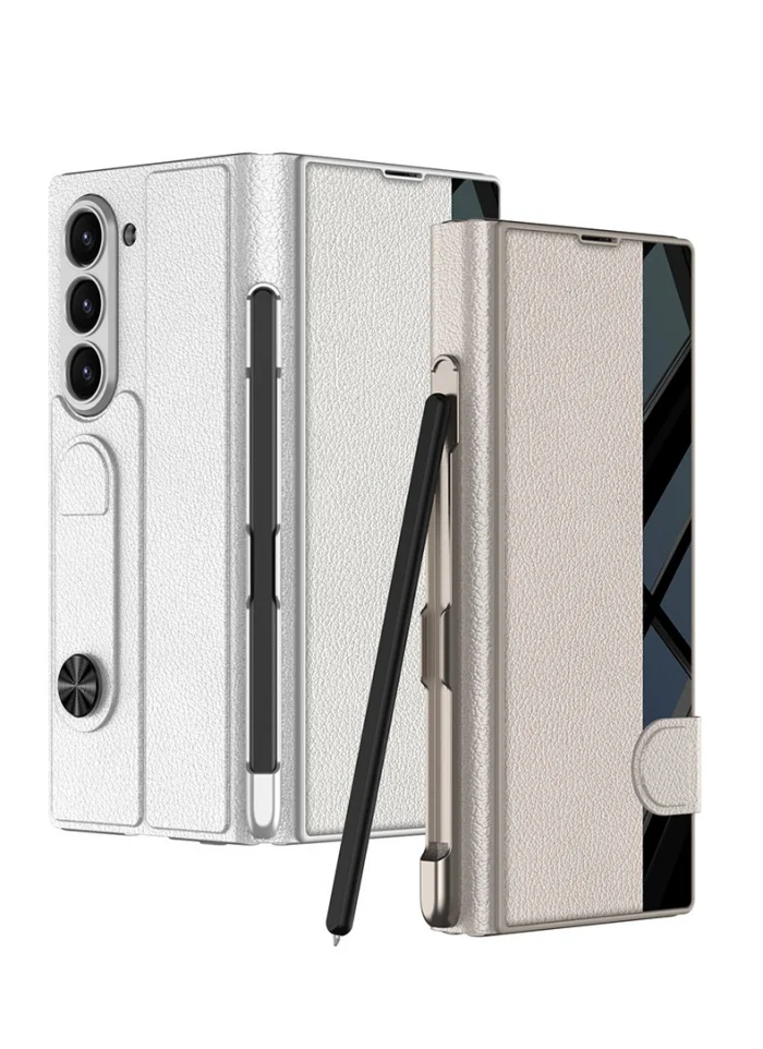 Samsung Z fold6 mobile phone case plain leather bracket folding screen anti-fall flip cover leather case shell film integrated pen slot