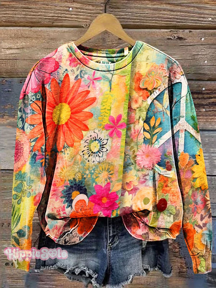 Vintage Hippie Peace Flower Art Print Casual Sweatshirt Multicolor / S