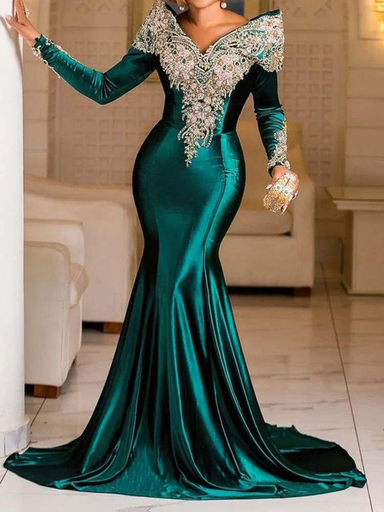 Fashion V-Neck Embroidered Long Sleeve Mermaid Evening Maxi Dress