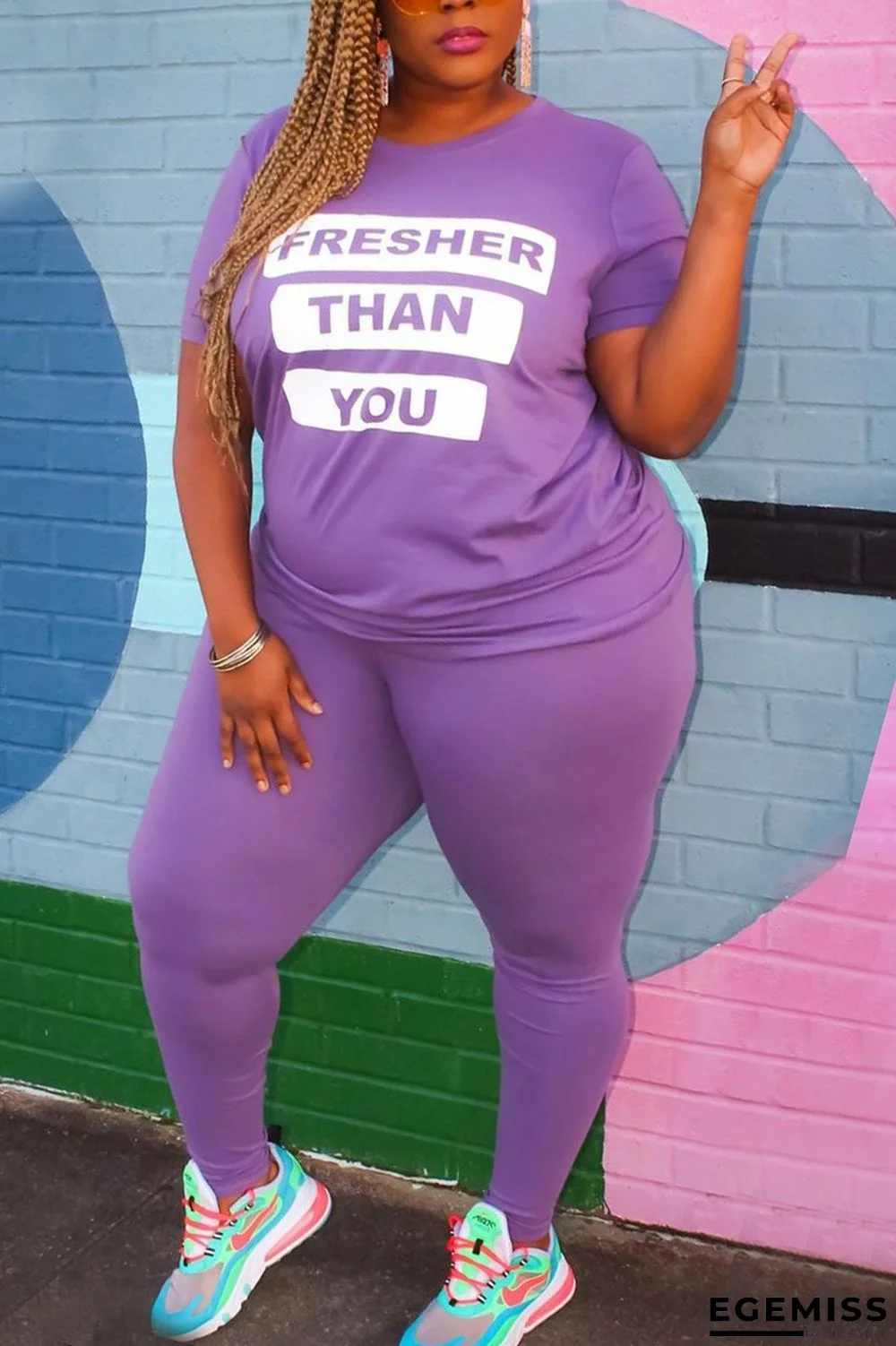 Purple Fashion Plus Size Printed T-shirt Trousers Set | EGEMISS