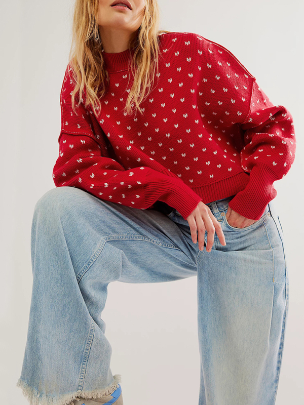 Mature Women Fashion Sweater Short Loose Butterfly Jacquard Pullover Sweater