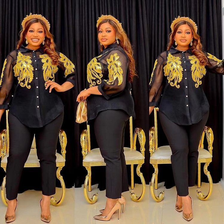 African Americans fashion QFY 2022 Summer Autumn Women Clothing African Dashiki Tops + Inner + Pants 3 PCS Set Plus Size Long Trouser Suit Party Outfits Ankara Style QueenFunky