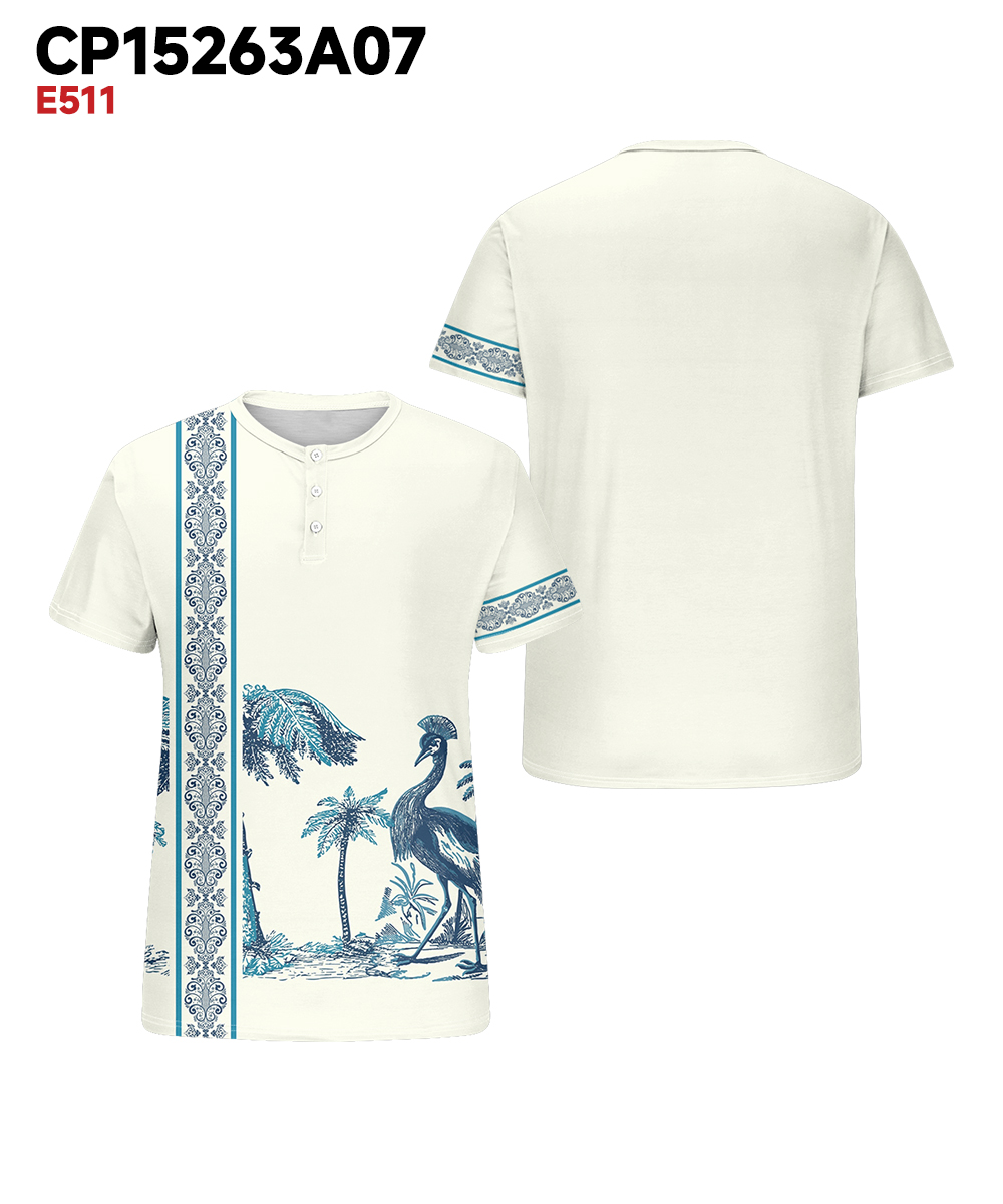 Men's Plus Size Hawaiian Blue Peacock Print Henry Collar Button Short Sleeve Tee