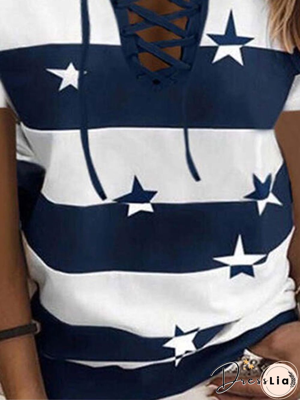 Vintage Colorblock Star Striped Printed Short Sleeve V Neck Lace-up Plus Size Casual Tops