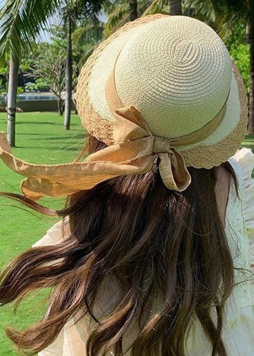 Women Beige Lace Up Patchwork Straw Woven Bucket Hat