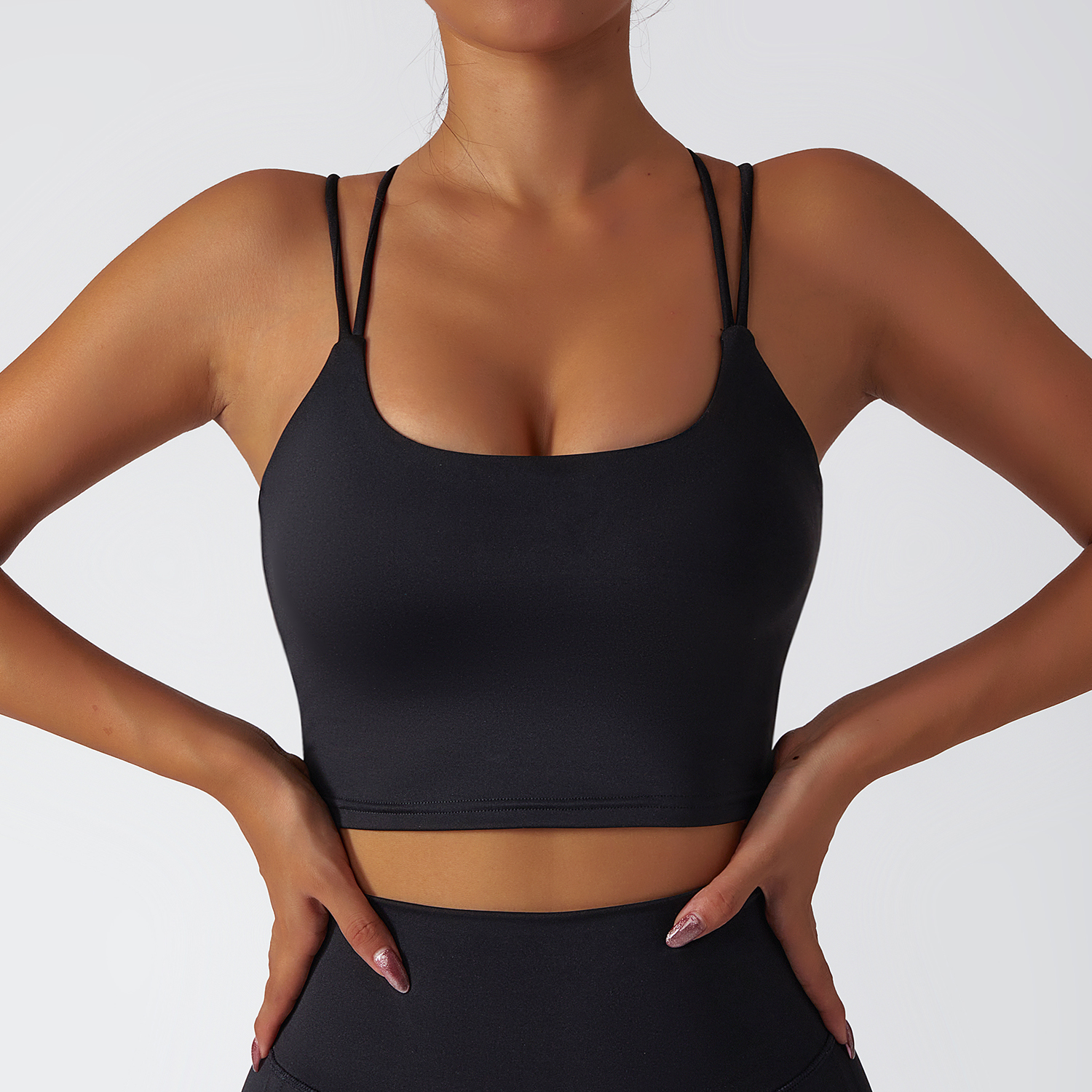 Buy Hergymclothing Black environmentally friendly recycled fabric 4 way stretch ethically made naked feel high support cross back sports bra online