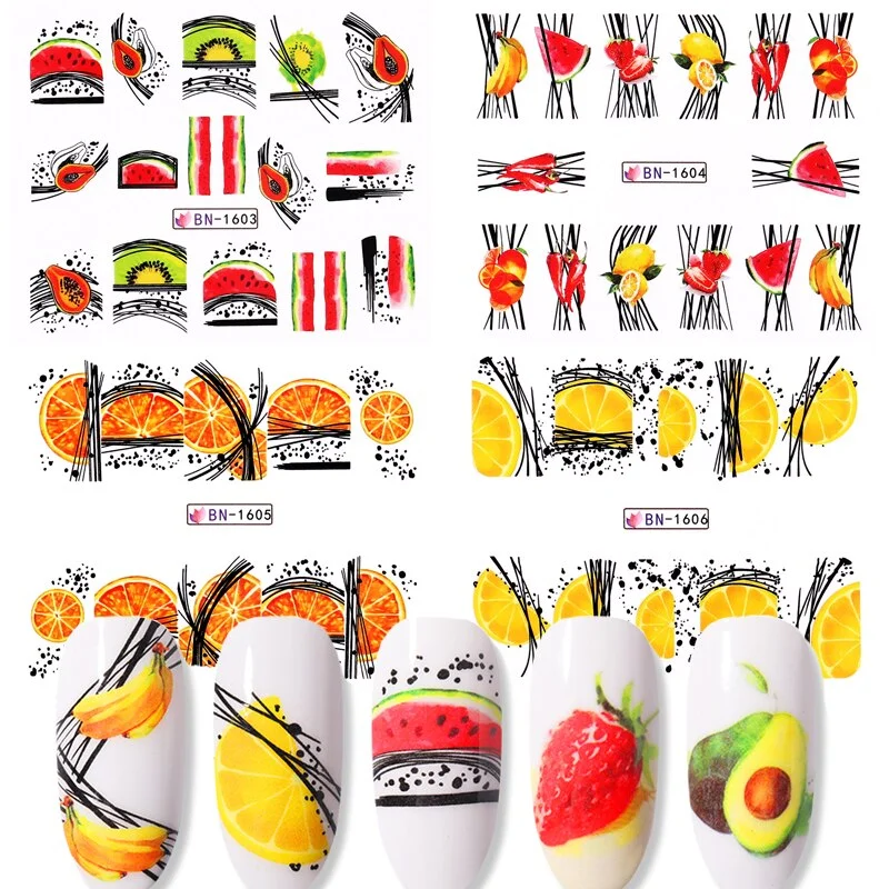 Harunouta 4pcs Geometry Color Wave Line Water Decals Stickers Flower Leaves Slider For Nails Spring Summer Nail Art Decorations-Nail Inspo