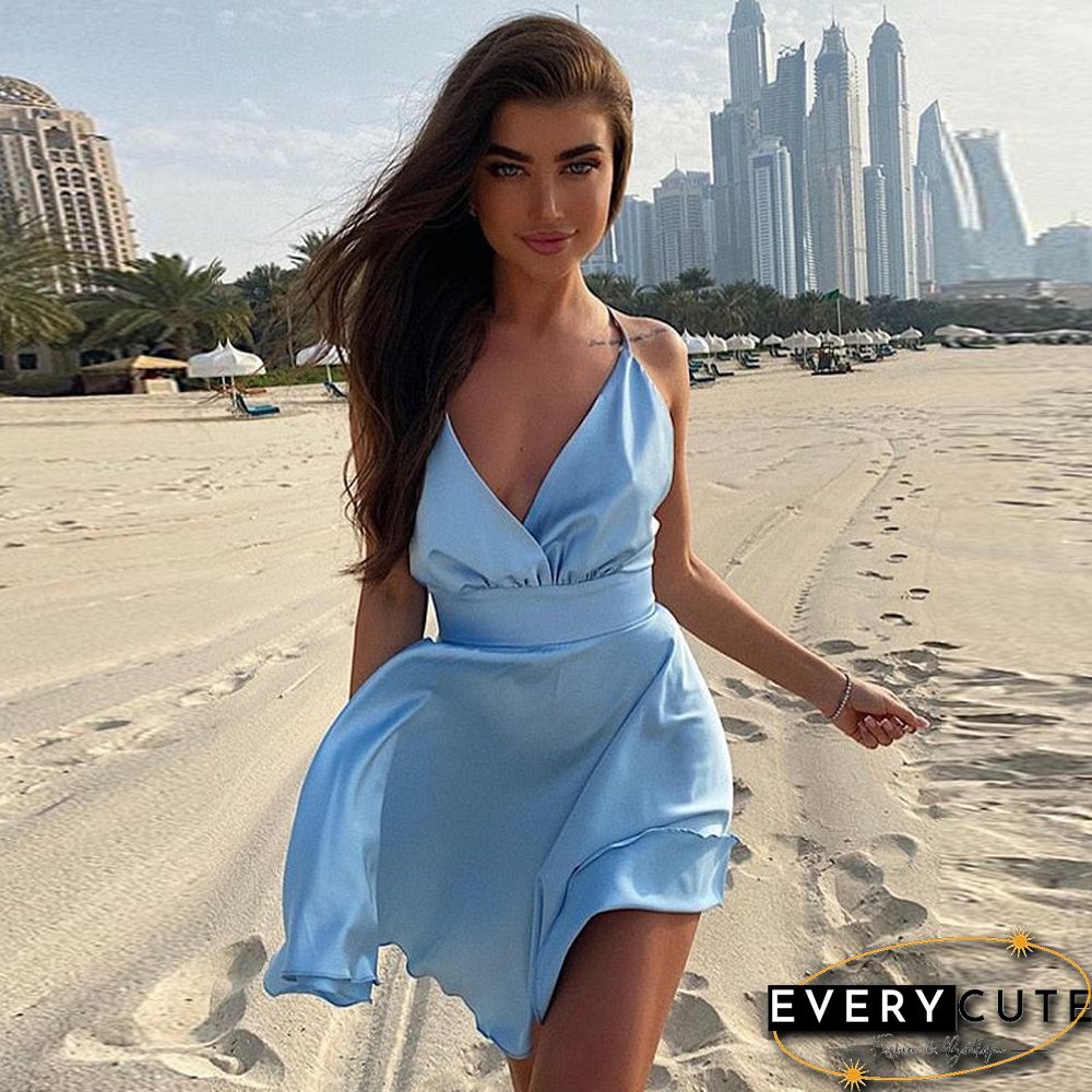 Satin Sexy Backless Sleeveless Party Night Club Wrap Mini Dresses Spaghetti Straps Elegant Dress Solid Vestidos