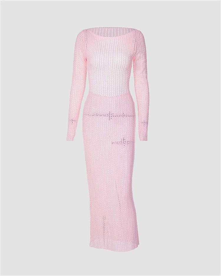 Open Back Mesh Crochet Long-Sleeved Maxi Pink Dress