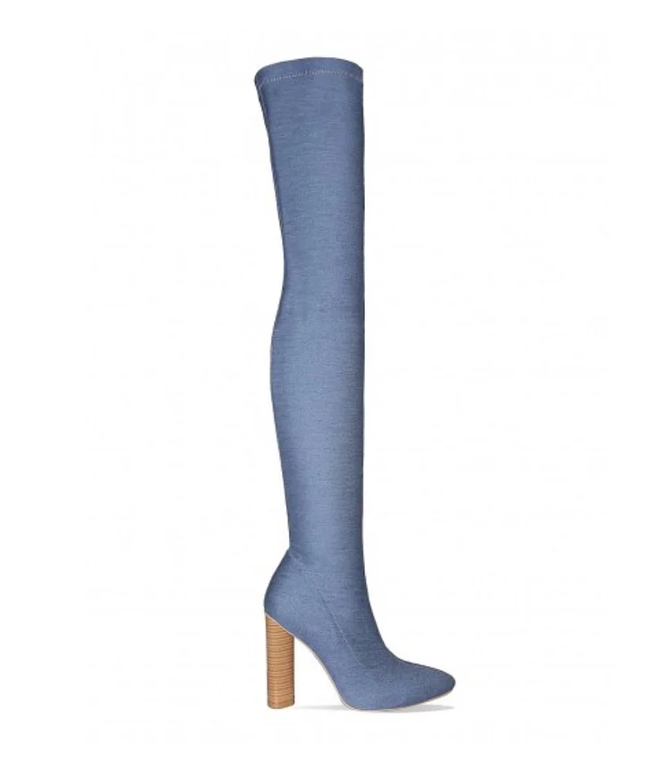 Blue Pointy Toe Chunky Heel Over-The-Knee Denim Boots Vdcoo