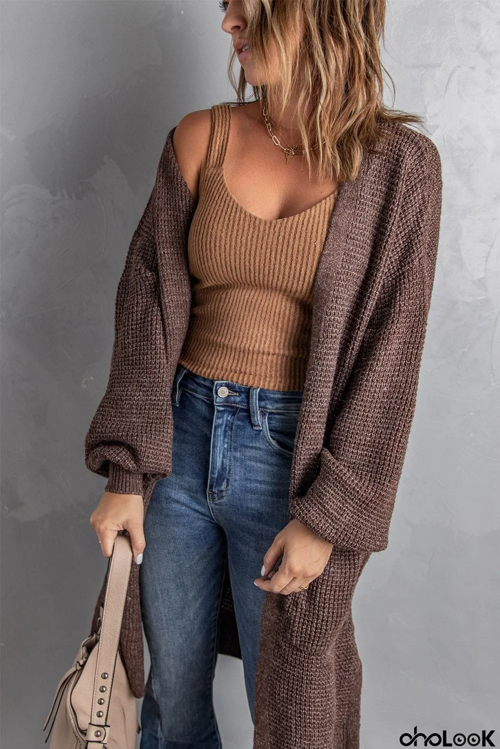 Waffle Knit Texture Long Cardigan