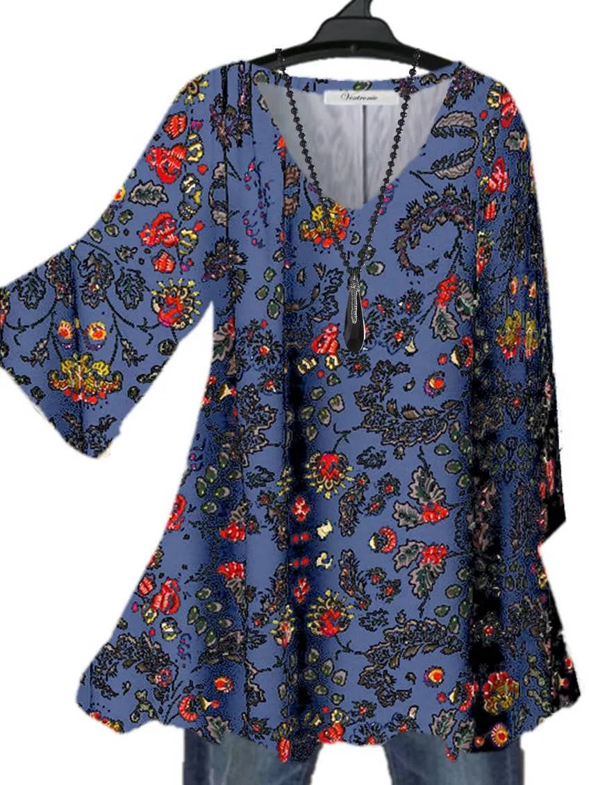 Women 3/4 Sleeve V-neck Floral Printed Graphic Top