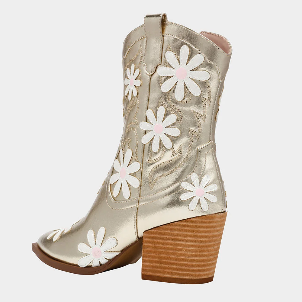 Champagne Pointed Toe Flower Stacked Heel Zipper Booties for Women