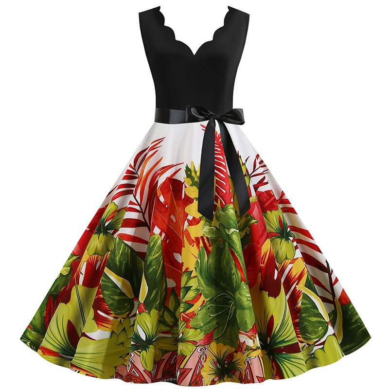 Dress Sleeveless V-neck Burning Flower Print Large Swing Fashion Skirt