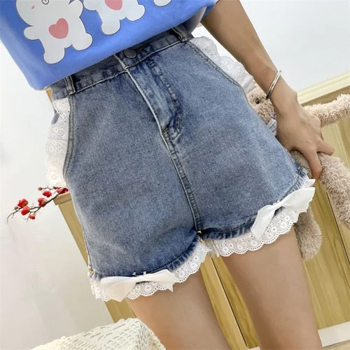 Vintage Lolita Denim Shorts Summer Women High Waist Sweet Side Ruffles Bow Harajuku Jeans Girl Simple Casual Hot Y2k Short Pants