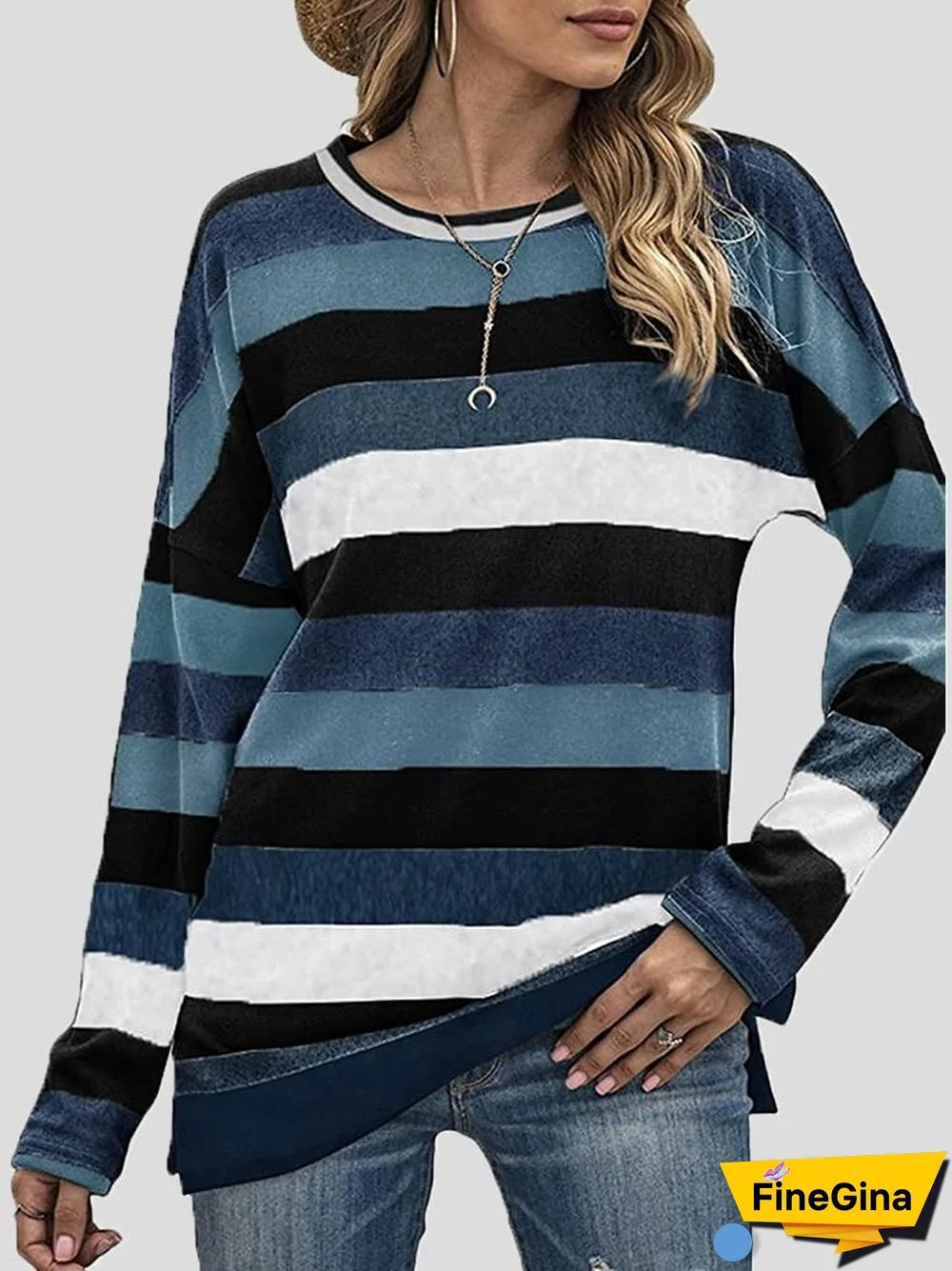 Color Striped Round Neck Long Sleeve Split T-Shirt