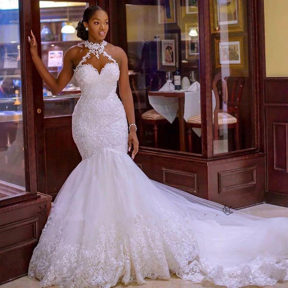 Sweetheart halter lace mermaid elegant gown embroidery wedding dress-zachics