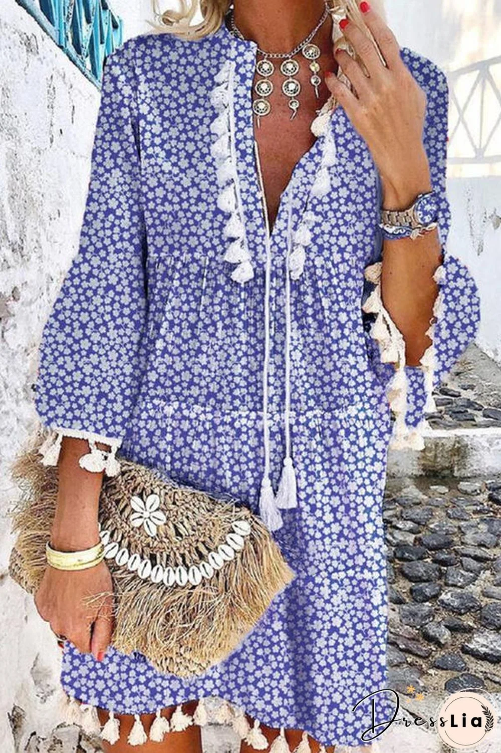 Floral Print V-Neck Tassel Stitching Boho Mini Dress P11956