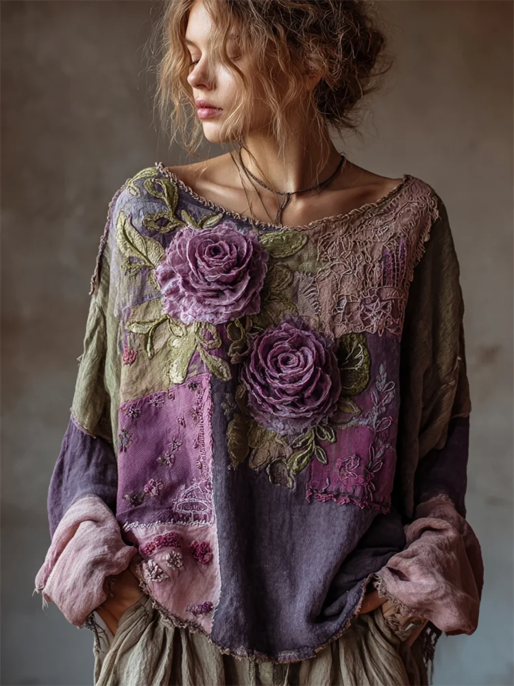 Vintage Purple Roses Boho Patchwork Linen Tunic