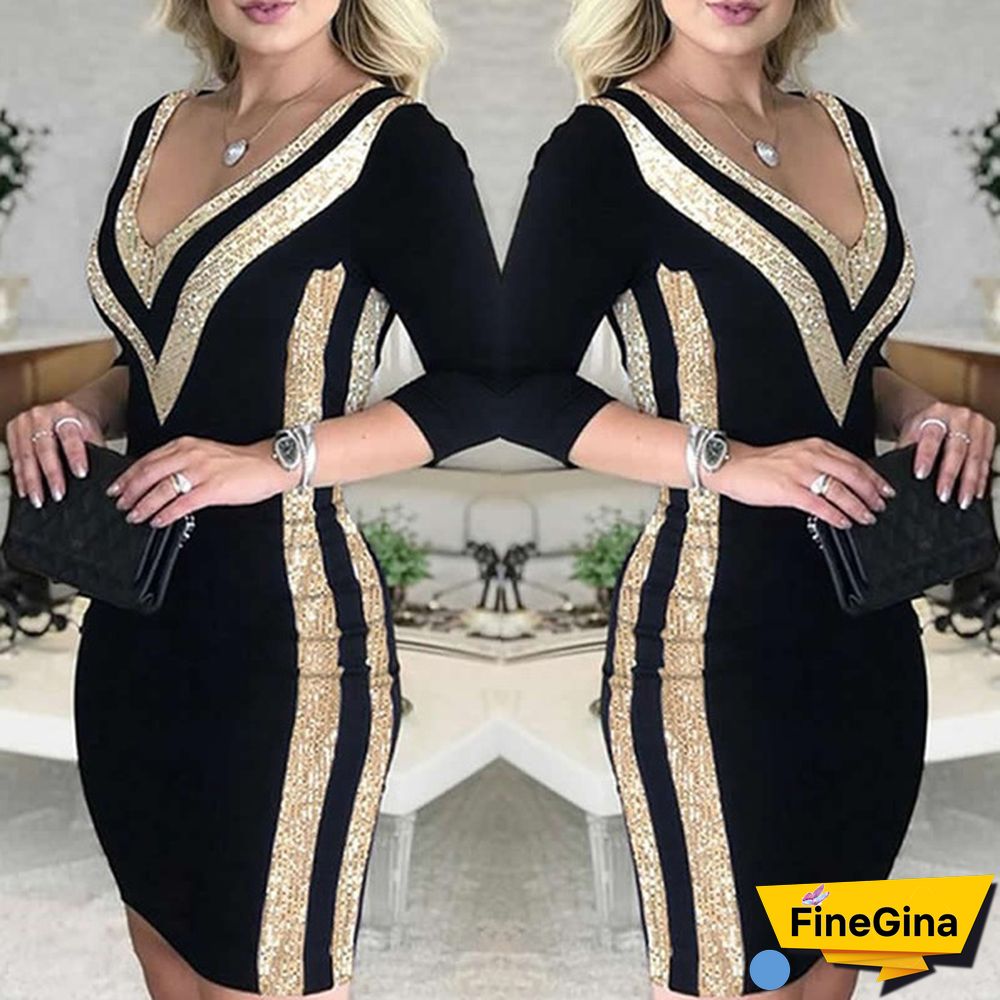 New Women Fashion Deep V-Neck Sequins Colorblock Long Sleeve Bodycon Dresses Package Hip Robe Cocktail Vestidos Party Dress Plus Size