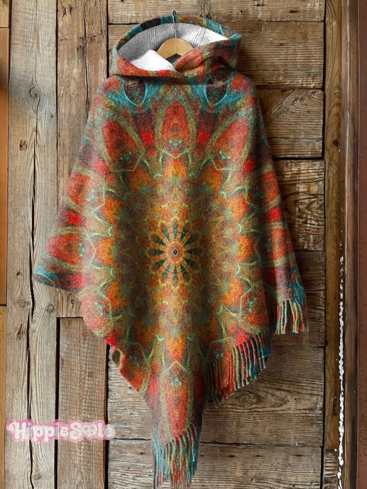 Retro Ethnic Totem Pattern Love And Peace Print Casual Knitted Blanket Poncho Hood Cape Multicolor