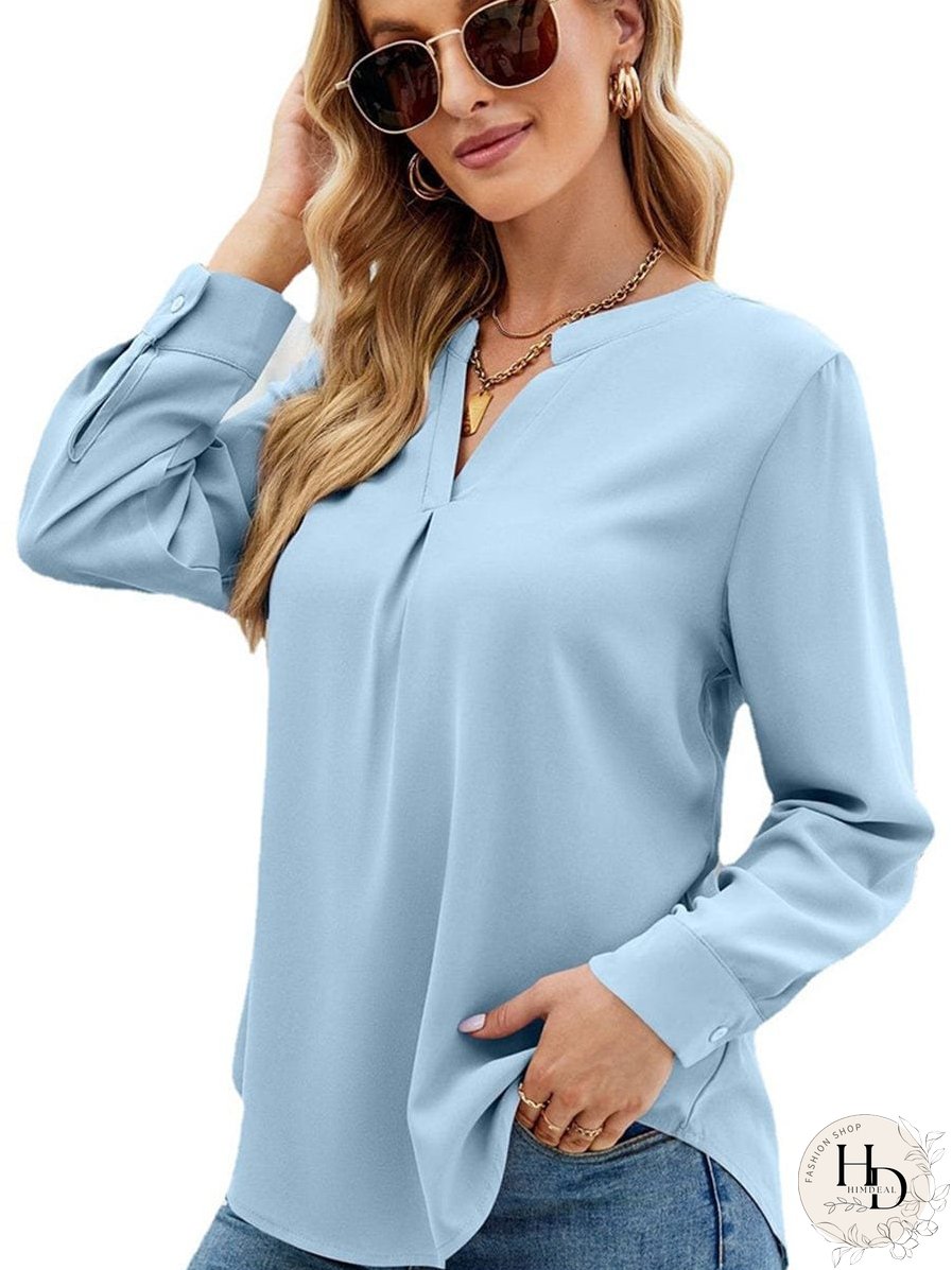 Solid Color Chiffon Loose V-Neck Long Sleeve T-Shirt