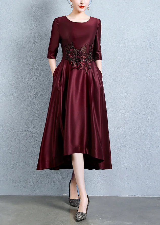Italian Wine Red Embroideried Pockets Patchwork Silk Dress Half Sleeve