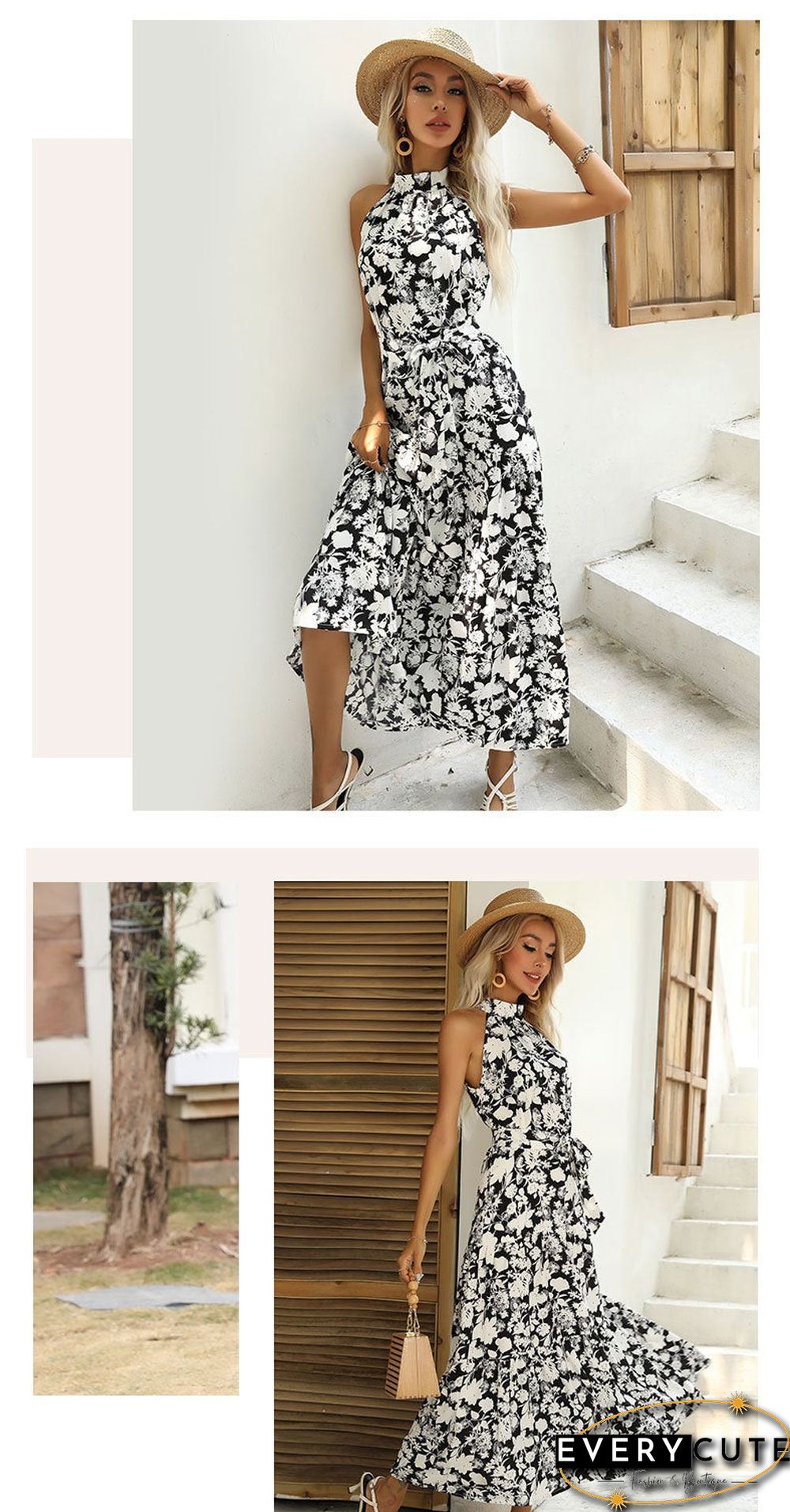 Summer New European and American Printed Open Neck Dress with Suspender
