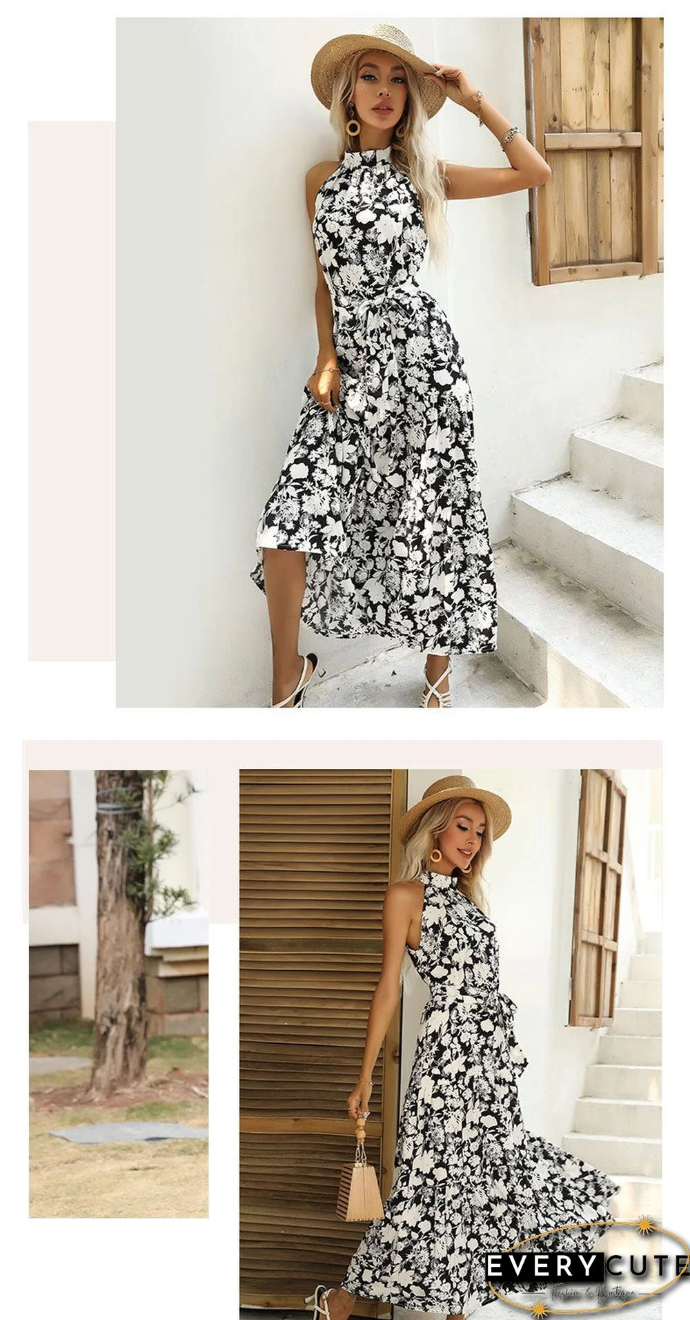 Summer New European and American Printed Open Neck Dress with Suspender