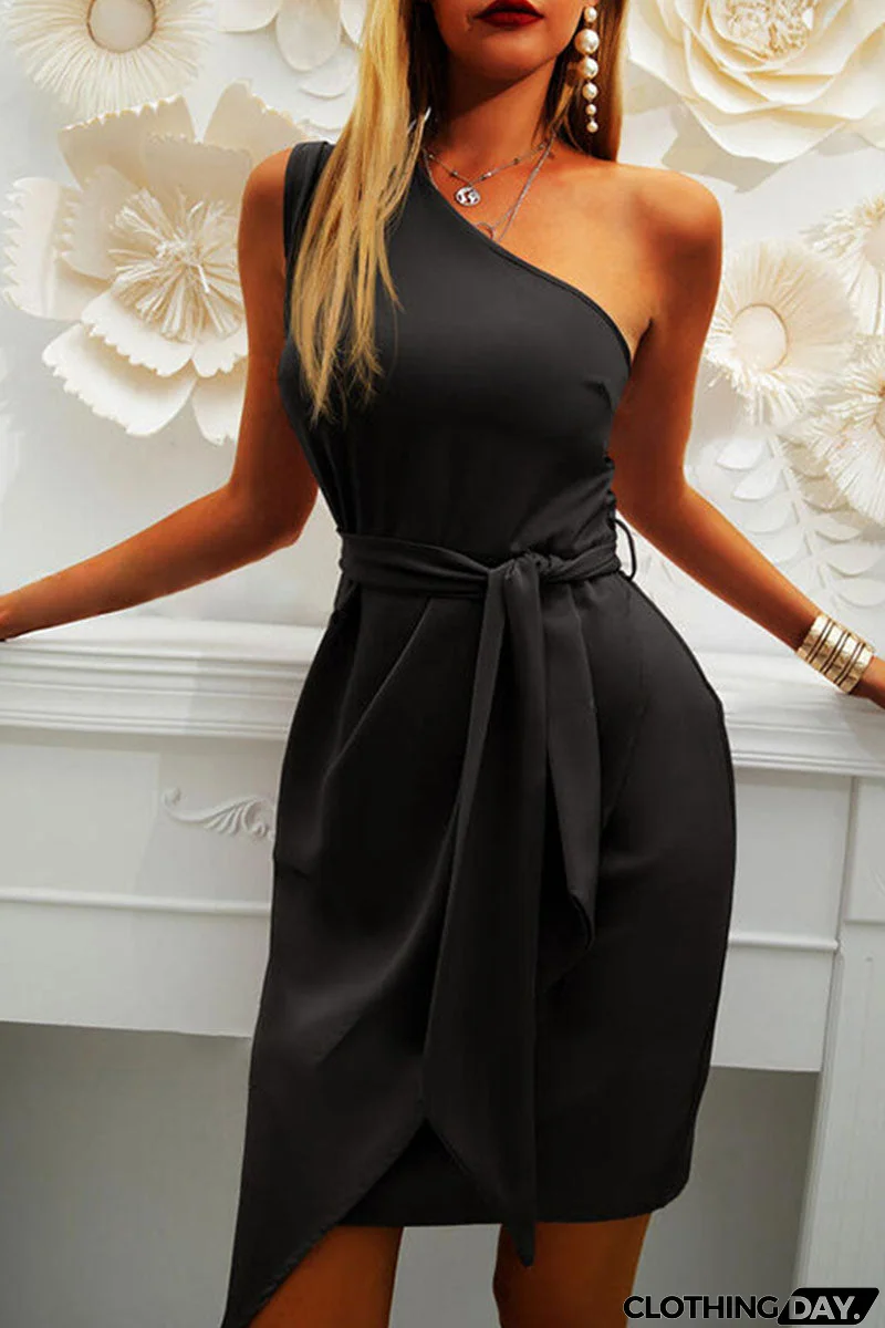 Fashion British Style Solid Split Joint One Shoulder Irregular Dresses(5 colors)