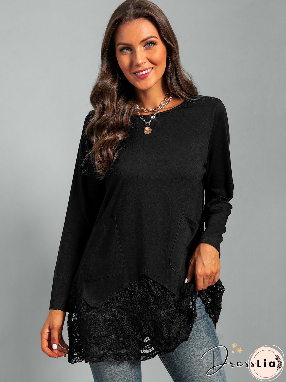 Plus size Long Sleeve Lace Casual T-shirt