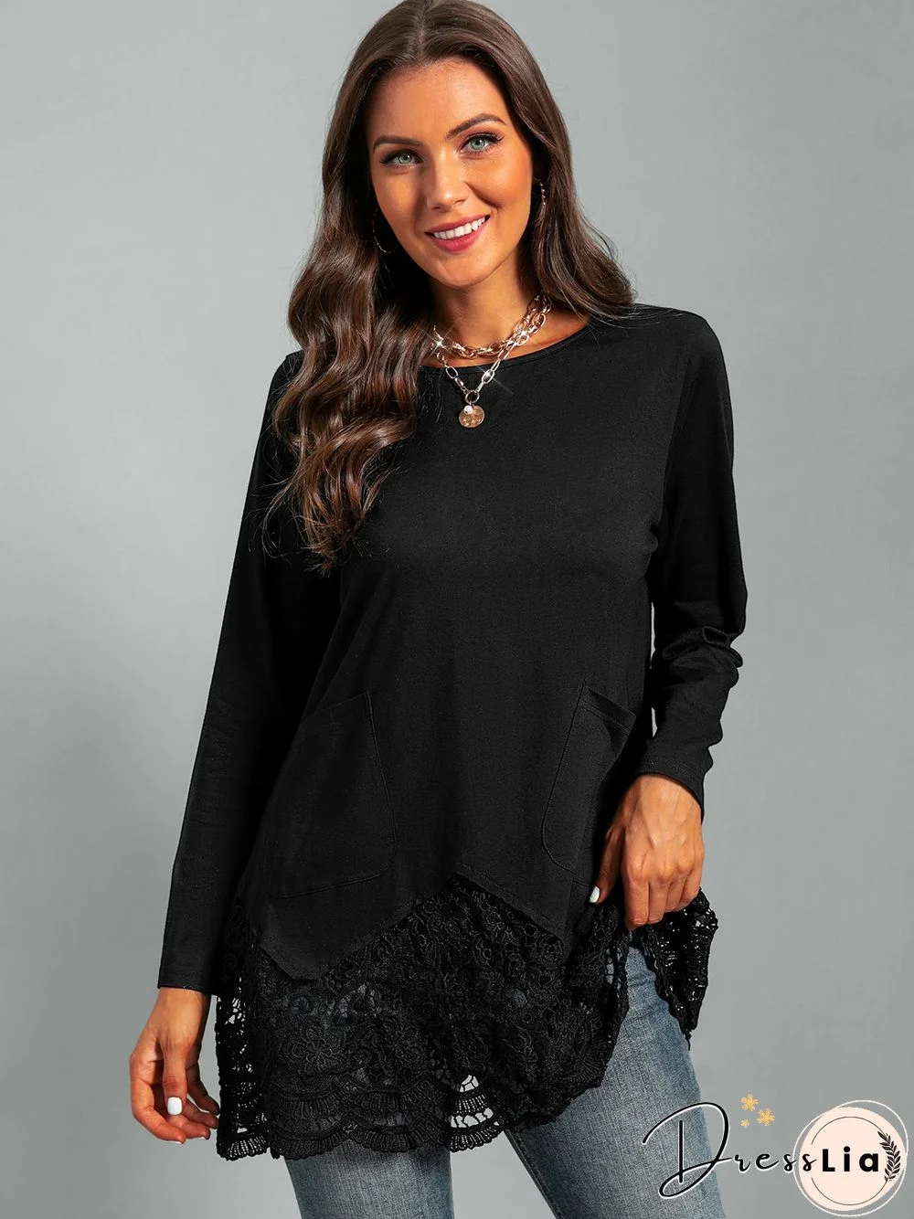 Plus size Long Sleeve Lace Casual T-shirt
