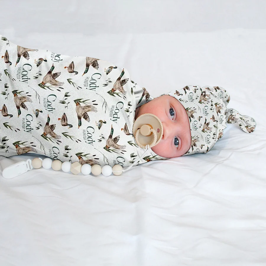 Vintage Mallard Ducks Flying Newborn Swaddle Blanket & Hat Set - Baby Boy Girl Shower Gift