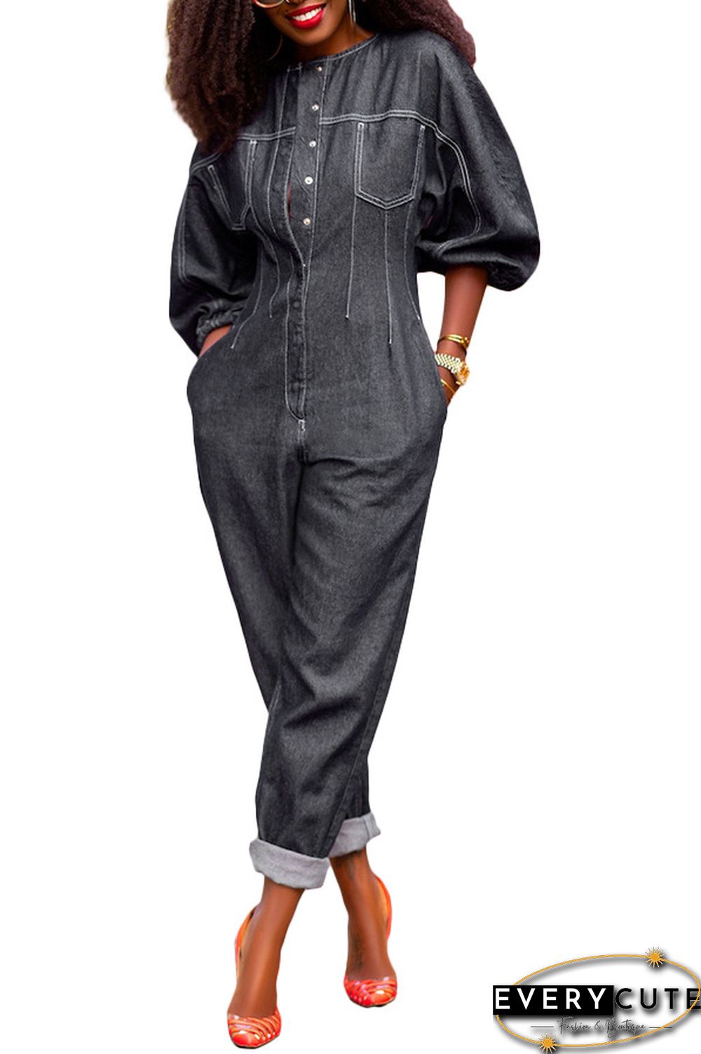 Long Sleeve Pocket Button Loose Denim Jumpsuit