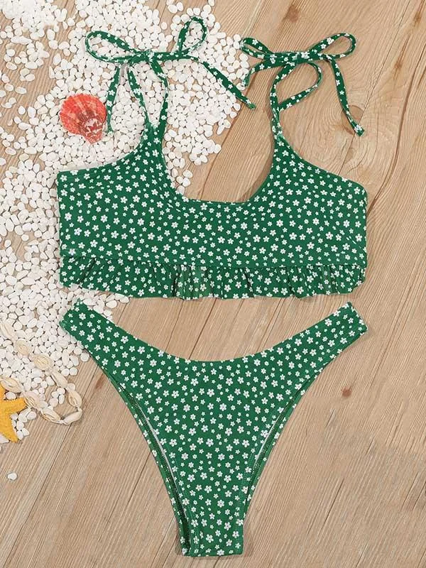 Floral-Print Ruffled Bandage Split Bikini Swimsuit