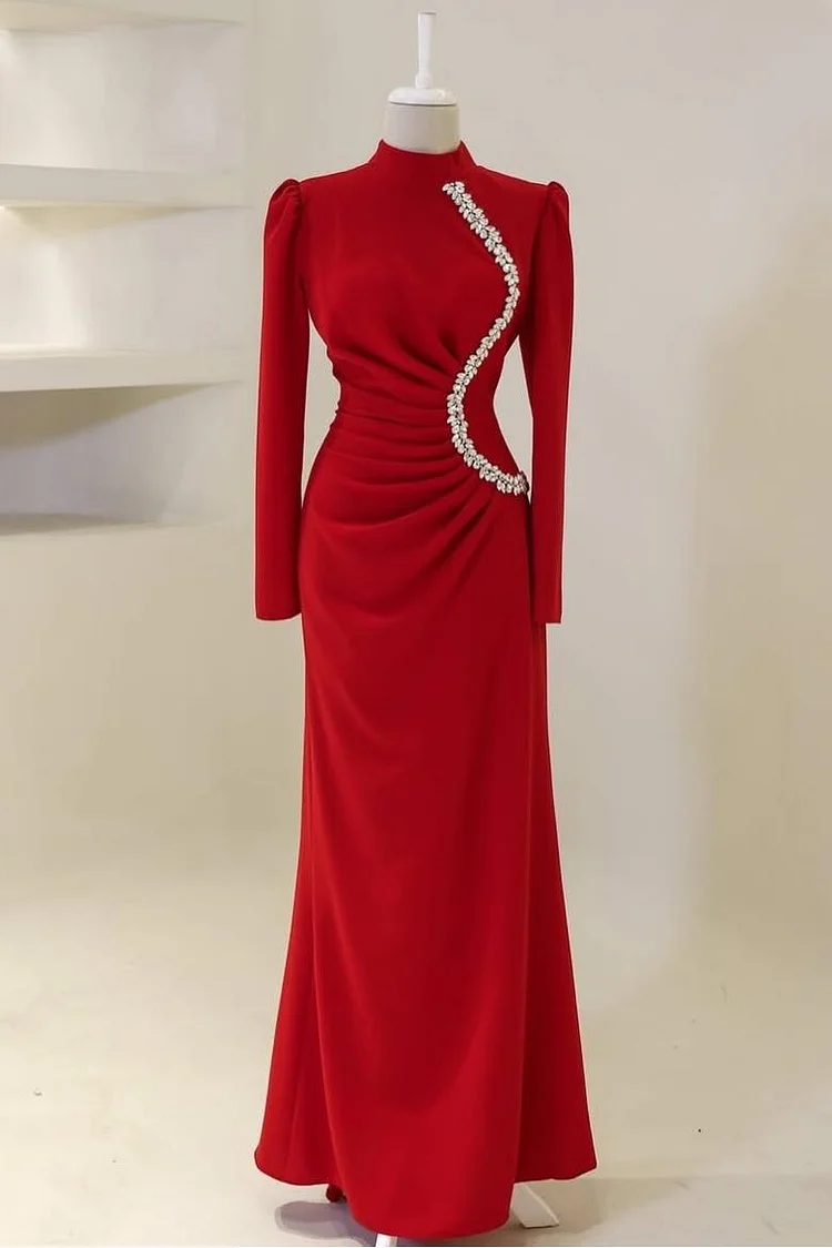Red High Neck Long Sleeves Long Prom Dress With Pleated Beading XJ0552