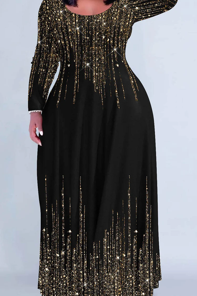 Xpluswear Design Plus Size Christmas Black Gradient Round Neck Long Sleeve Maxi Dresses