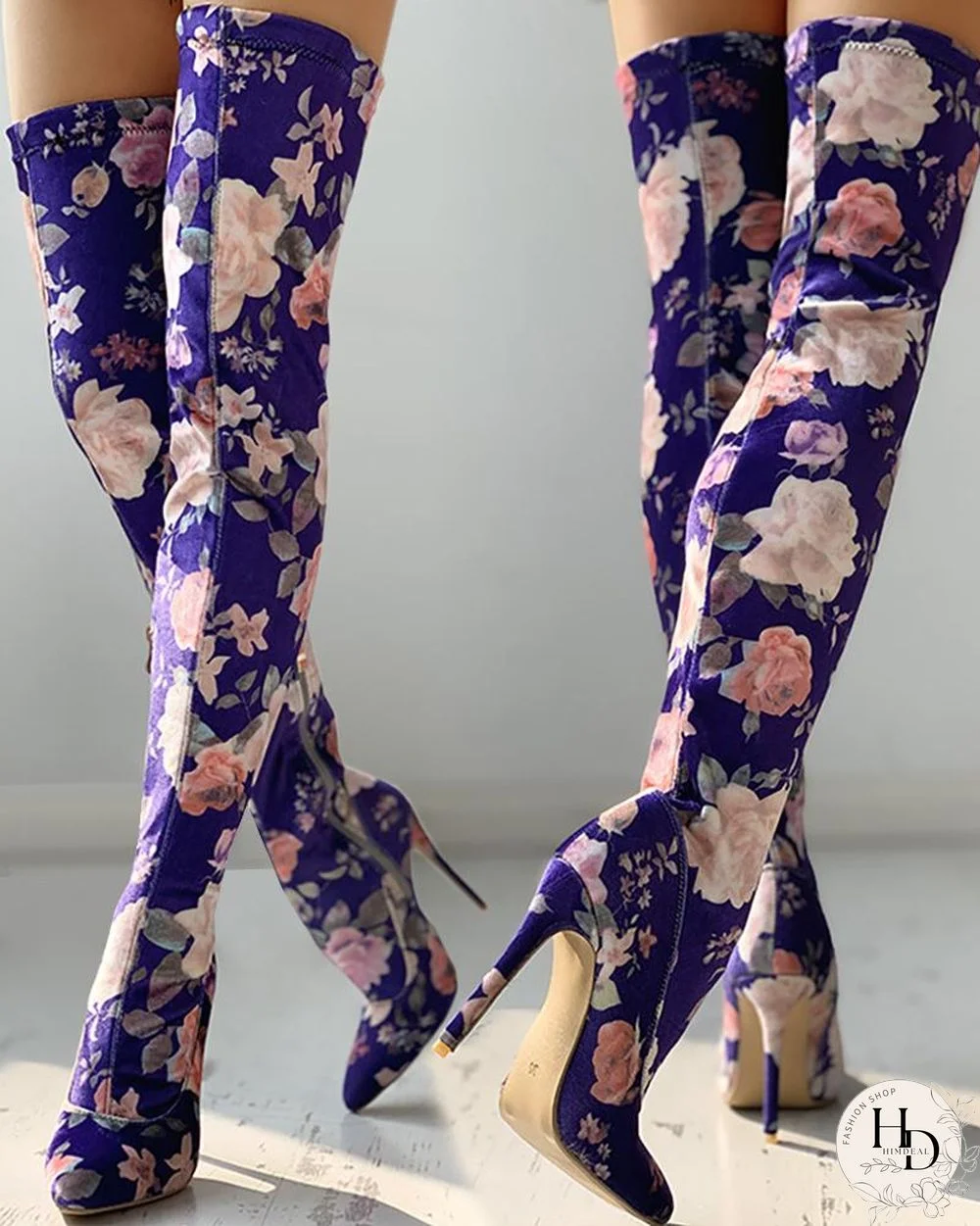 Floral Print Thin Heeled Thigh High Boots