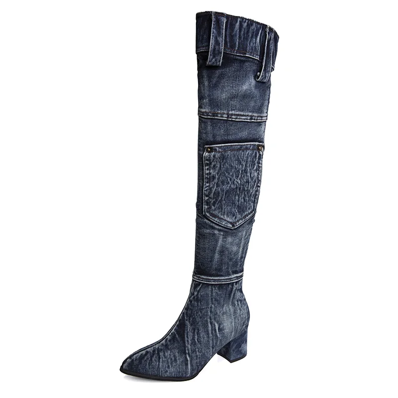 Tanguoant 2022 Sexy Jean Boots Women's Knee-High Boot Zipper 6CM High Heel Woman Stylish Jeans Boots Ladies Denim Boot Female Shoes Cowboy