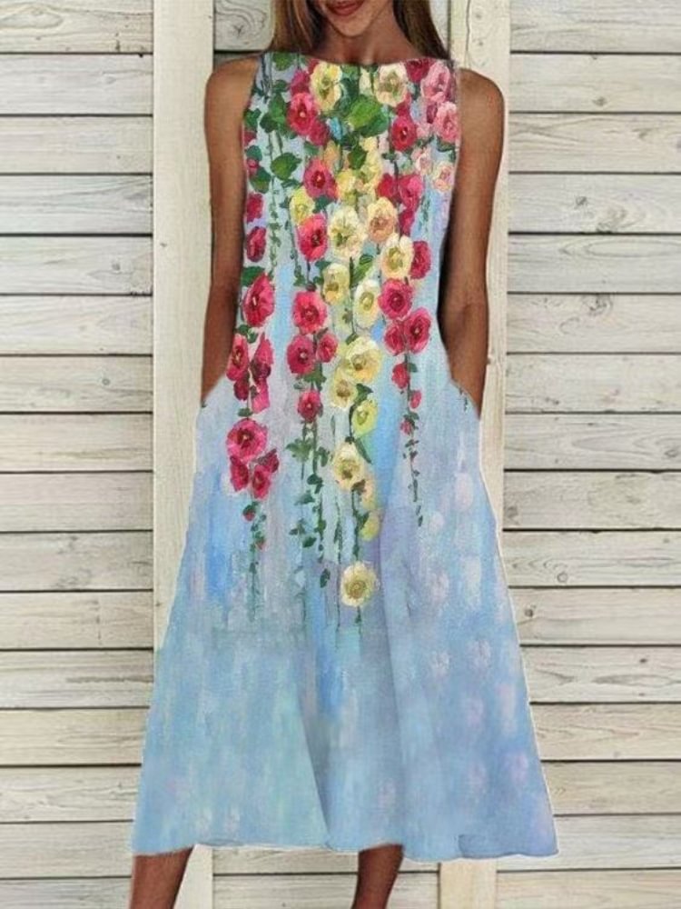 Flower Oil Painting Printed Sleevlesss Dress