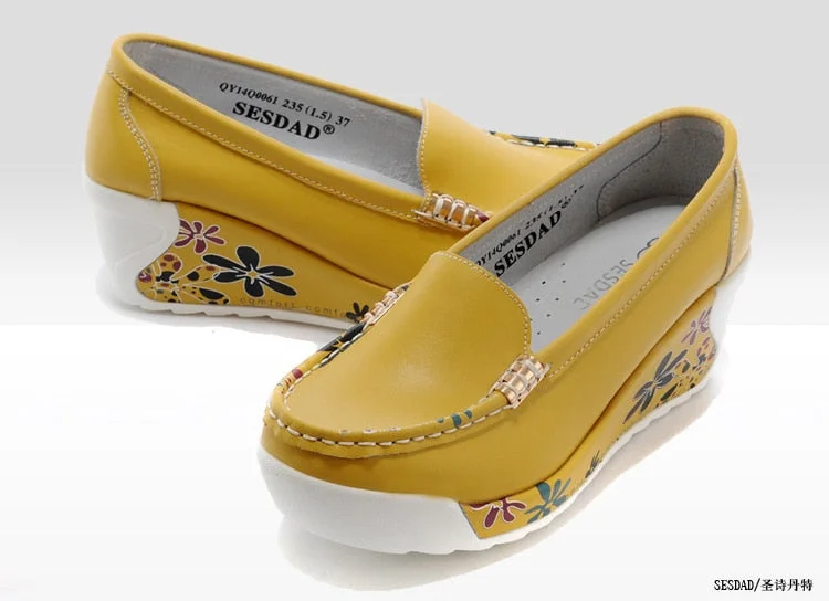  New Women's Genuine Leather Platform Shoes Wedges White Lady Casual Shoes Swing Mother Shoes Size 35-40