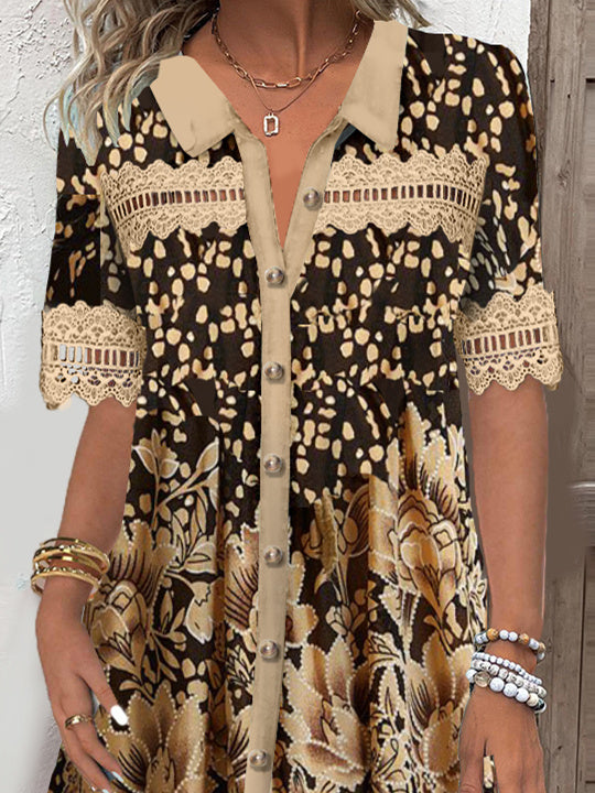 Women's Short Sleeve V-neck Lace Stitching Hollow Graphic Midi Dress