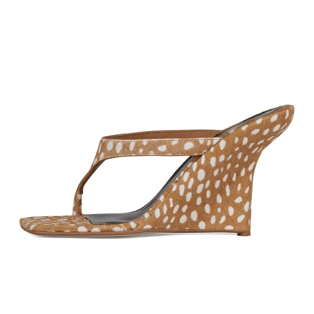 YDN Tan & White Spots Open Square Toe Flip Flop Wedge Sandals