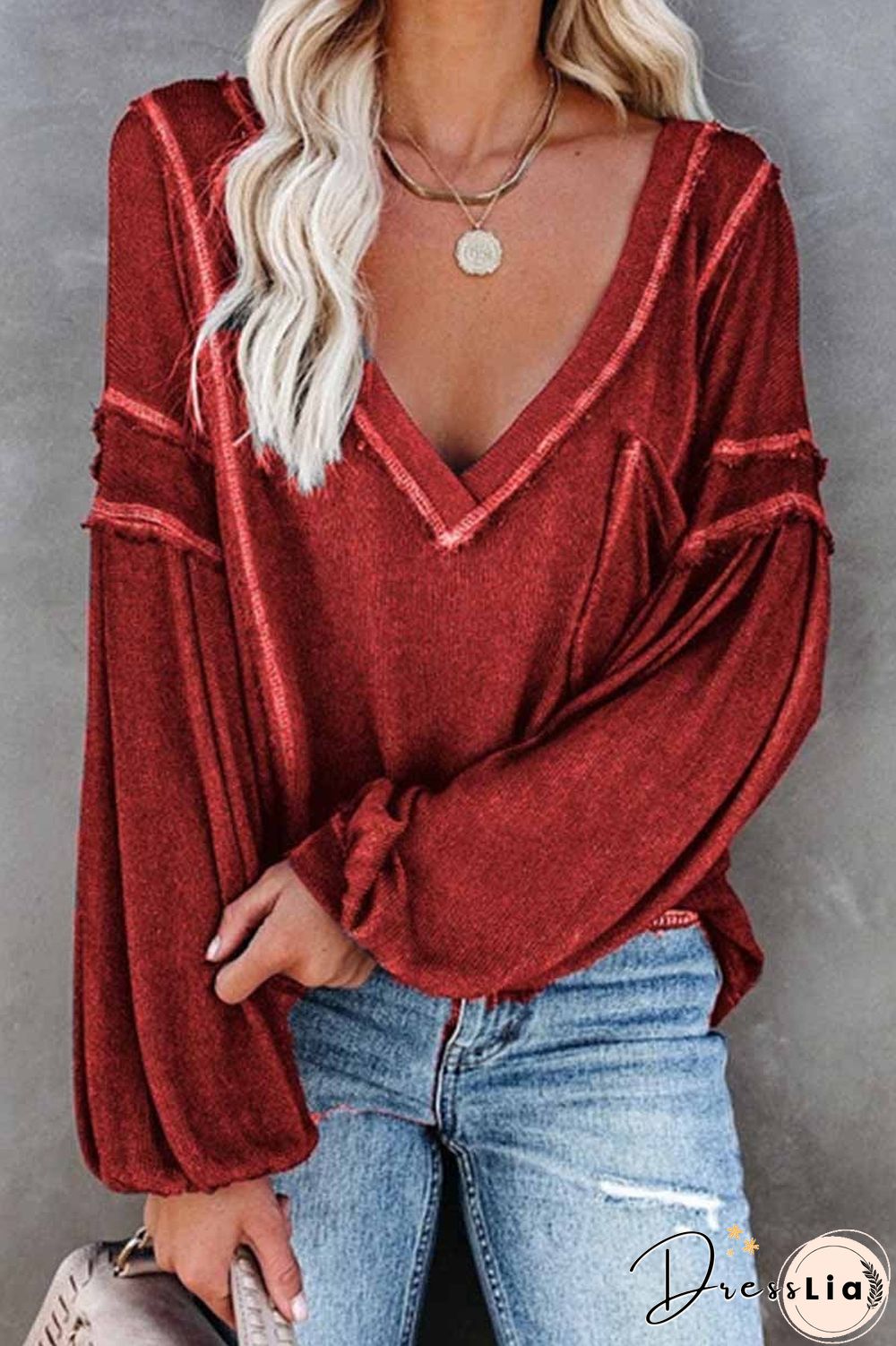 Solid Color Pullover V-Neck Bubble Long Sleeves Tops(4 Colors)