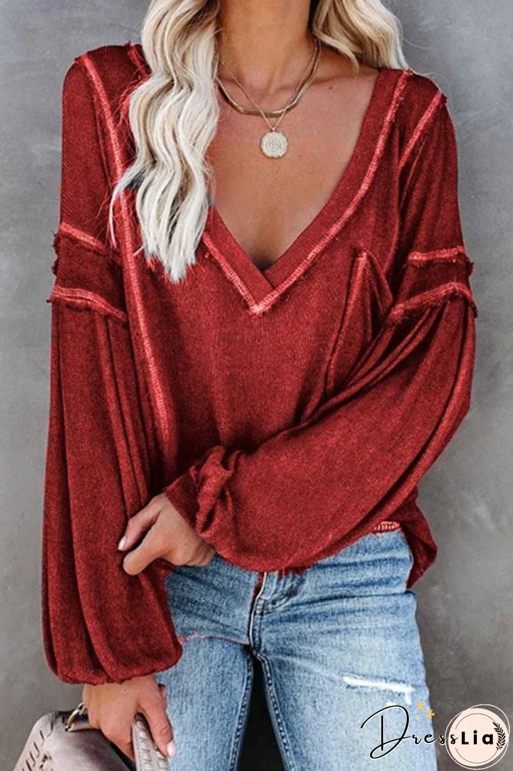 Solid Color Pullover V-Neck Bubble Long Sleeves Tops(4 Colors)